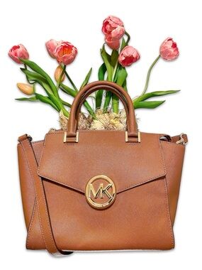 Michael Kors Genuine Leather Saffiano Cognac convertible medium Satchel Hudson